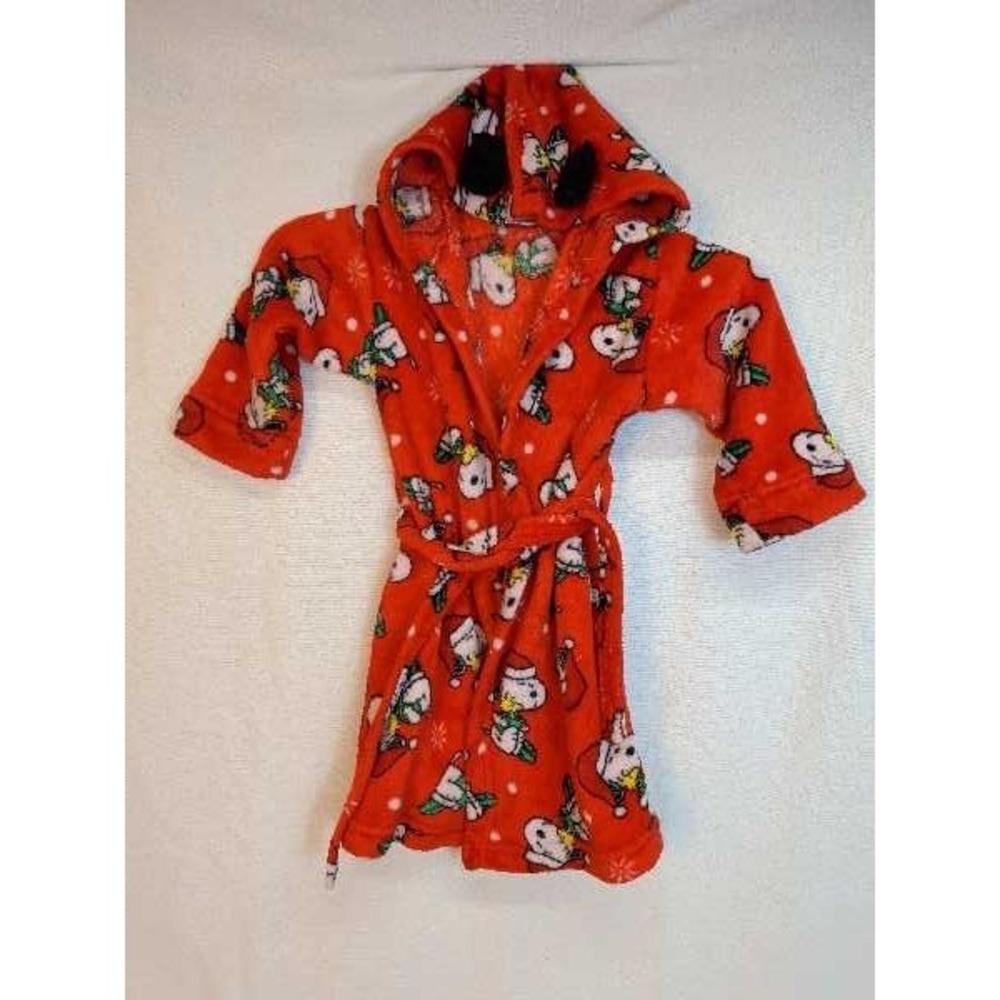 Peanuts Snoopy Christmas Robe Flannel Kids 3T Red Fluffy Cozy Warm Hooded